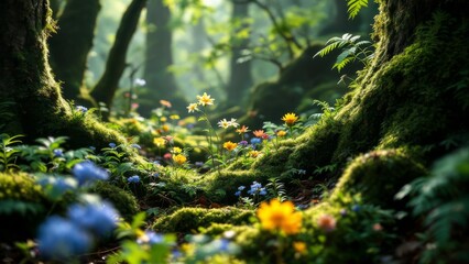 Low angle view of a forest floor with moss-covered trees and colorful wildflowers under soft natural light.
