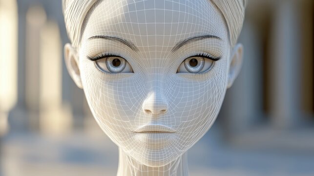 This is a computer-generated image featuring a stylized human face with a wireframe grid overlay, giving it a futuristic and digital appearance in artistic setting.