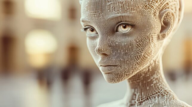 An artistic and imaginative rendering of a humanoid face using a wireframe design, bringing out a sense of futurism, artistry, and modern technology. - Powered by Adobe