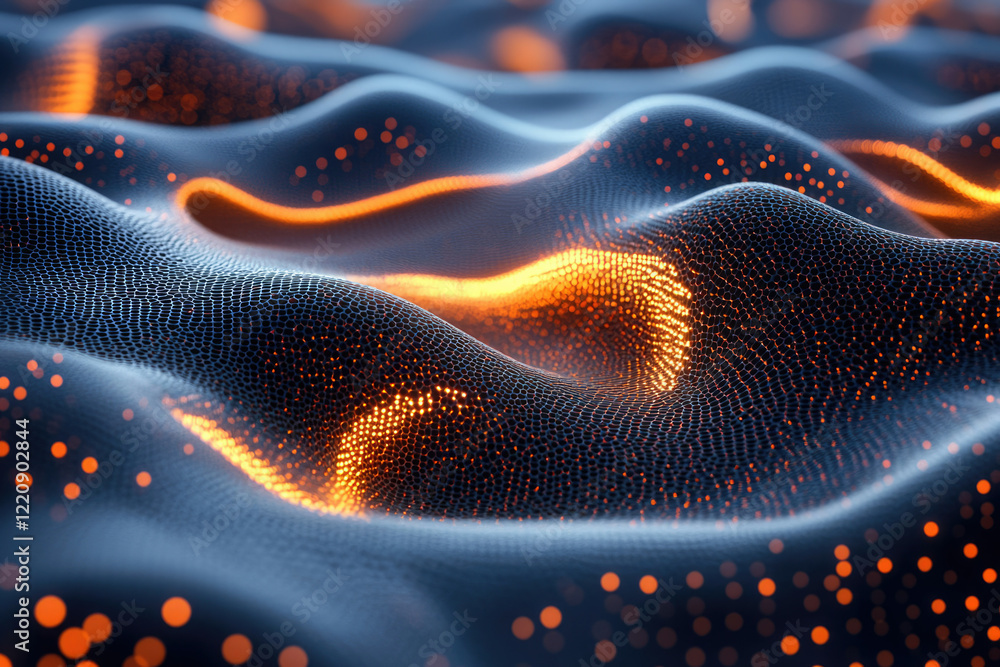 Poster Abstract digital wave with glowing orange particles, creating a dynamic and textured surface.
