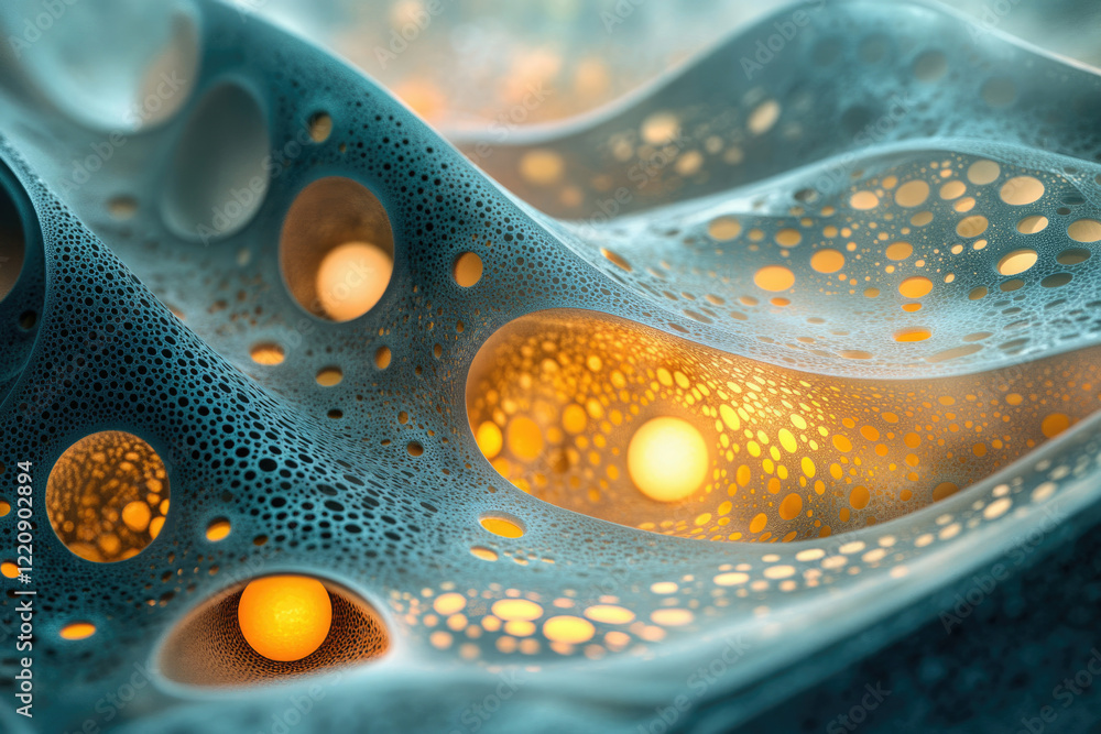 Aufkleber Abstract 3D render of a wavy, porous surface with glowing inner circles, creating a mesmerizing and futuristic effect.