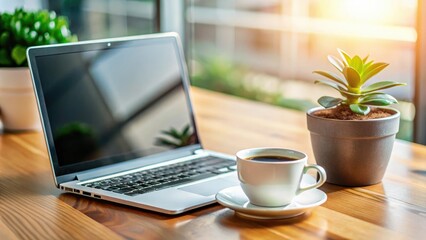 Fototapeta premium A small potted plant on a desk with a laptop and a cup of coffee, greenery, office decor