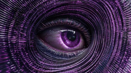 A vivid purple eye encased in intricate, hypnotic circular patterns symbolizing perception, mystery, and the depth of human insight; elegant and thought-provoking imagery.