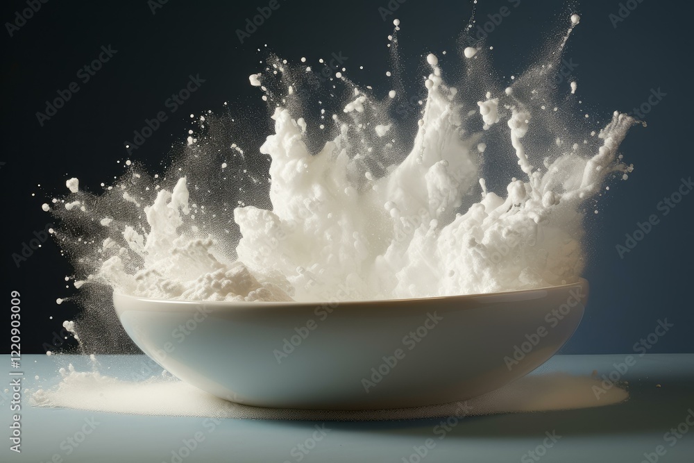 Poster white powder exploding from a white bowl on a blue table with a dark background, creating a dynamic 
