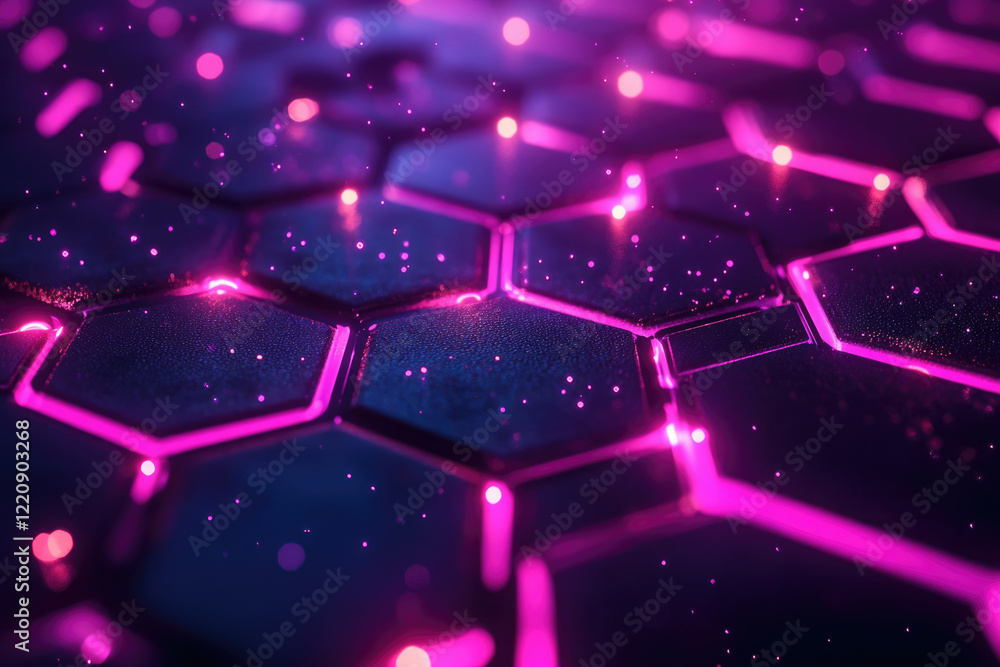 Poster abstract hexagonal grid with vibrant pink neon lights, glittering particles, and a dark blue backgro