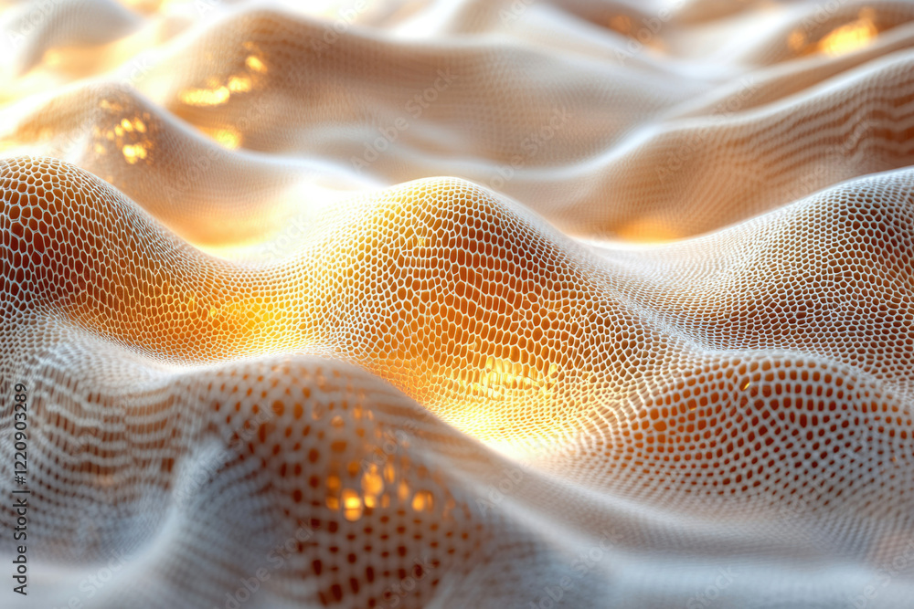 Poster Abstract image of a textured, undulating surface, illuminated by warm light, resembling a honeycomb or reptile skin.