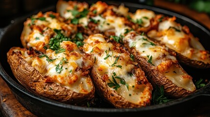 A rustic platter featuring loaded baked potatoes garnished with herbs and meats, showcasing a heartwarming dish that celebrates culinary comfort and satisfaction.
