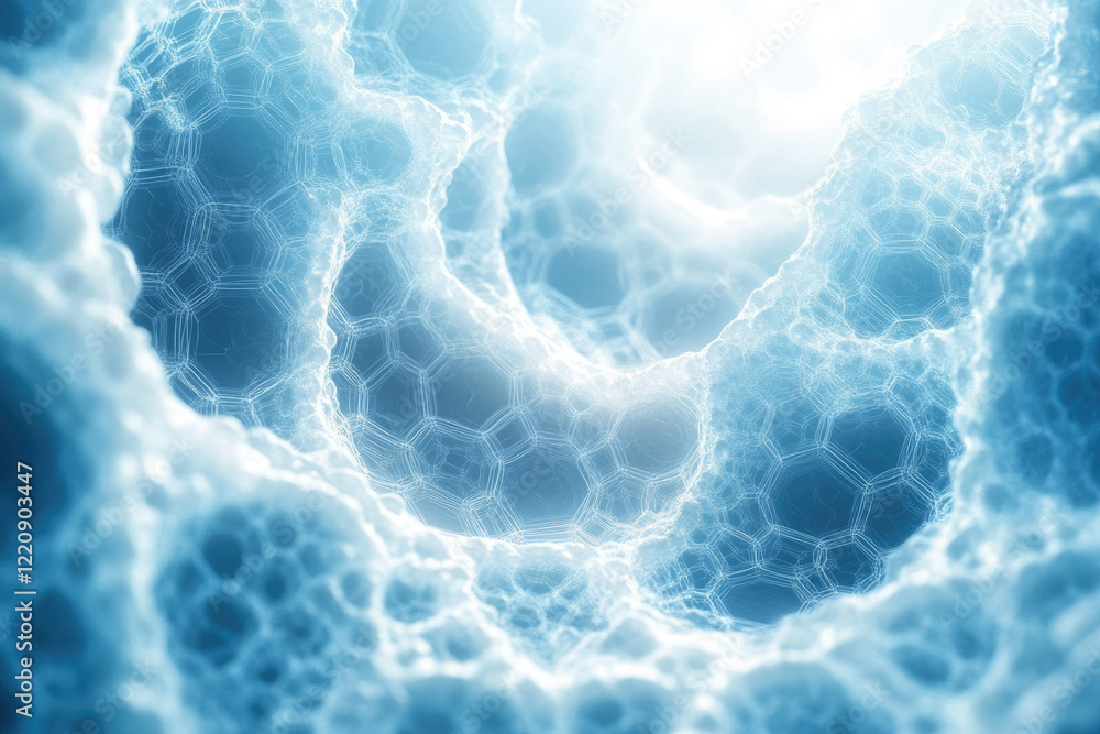 Poster Abstract image depicting a swirling, interconnected hexagonal network resembling a cellular structure or molecular model in cool blue tones.