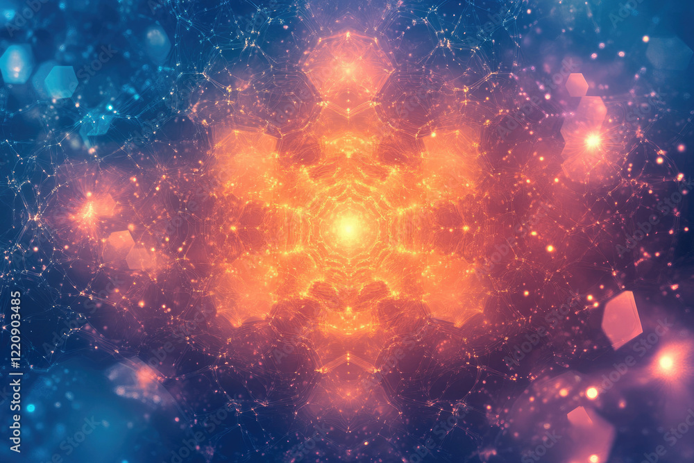 Poster abstract fractal art with warm and cool colors, intricate network and glowing lights.