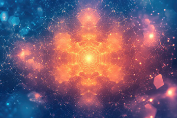 Abstract fractal art with warm and cool colors, intricate network and glowing lights.