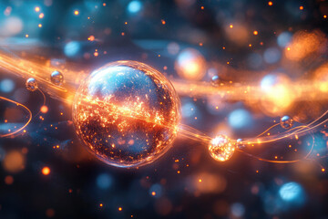 Glowing orbs interconnected by fiery trails in a cosmic scene, showcasing vibrant energy and celestial beauty.