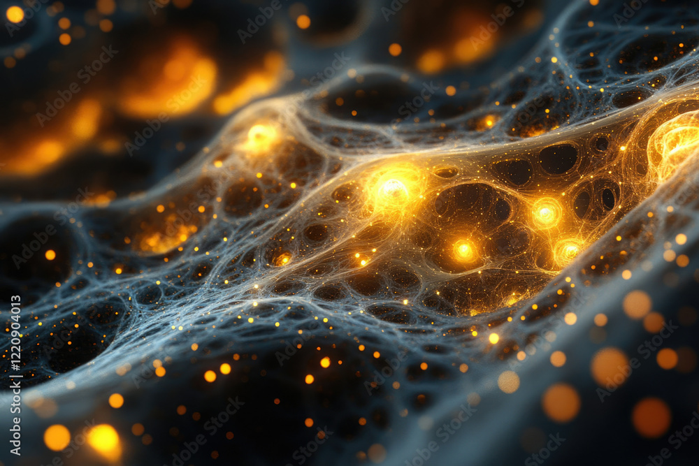 Poster glowing network, intricate web-like structure with golden lights, abstract digital art.