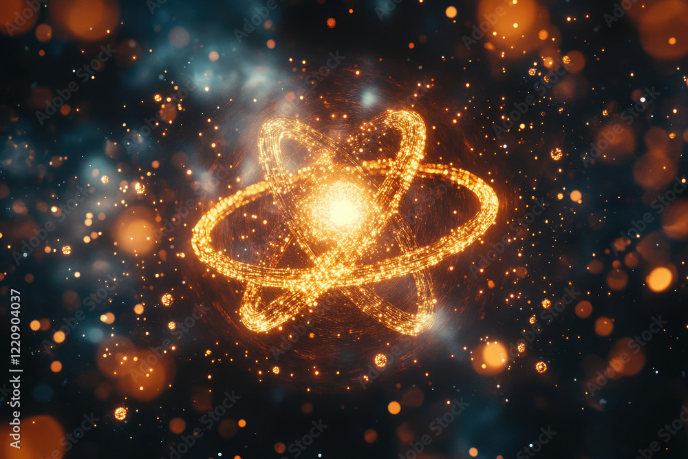 Poster a glowing, abstract atom model with orbiting particles, symbolizing energy and quantum physics.