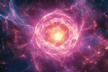 A vibrant cosmic sphere radiates intense energy within a nebula, showcasing a stunning display of stellar activity and celestial phenomena.