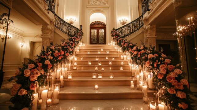 Elegant wedding ceremony grand staircase event photography luxurious venue intimate setting romantic ambiance