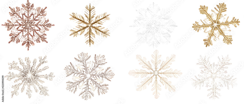 Poster macro image of various snowflakes with intricate patterns. isolated on white background, clipping pa