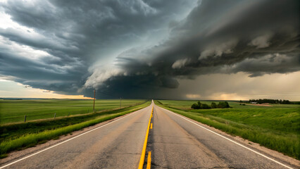 Long asphalt road with a double yellow line stretching towards a dramatic, dark shelf cloud and stormy sky over vast green fields, suggesting an approaching severe weather event.