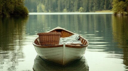 Fototapeta premium Serene rowboat on tranquil lake nature photography peaceful environment scenic view outdoor concept