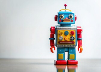 Fototapeta premium Cute Robot Toy Posing on White Background - Plenty of Copy Space