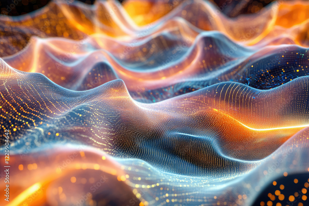 Poster Abstract digital landscape with glowing particles and interconnected nodes forming a wavy surface.