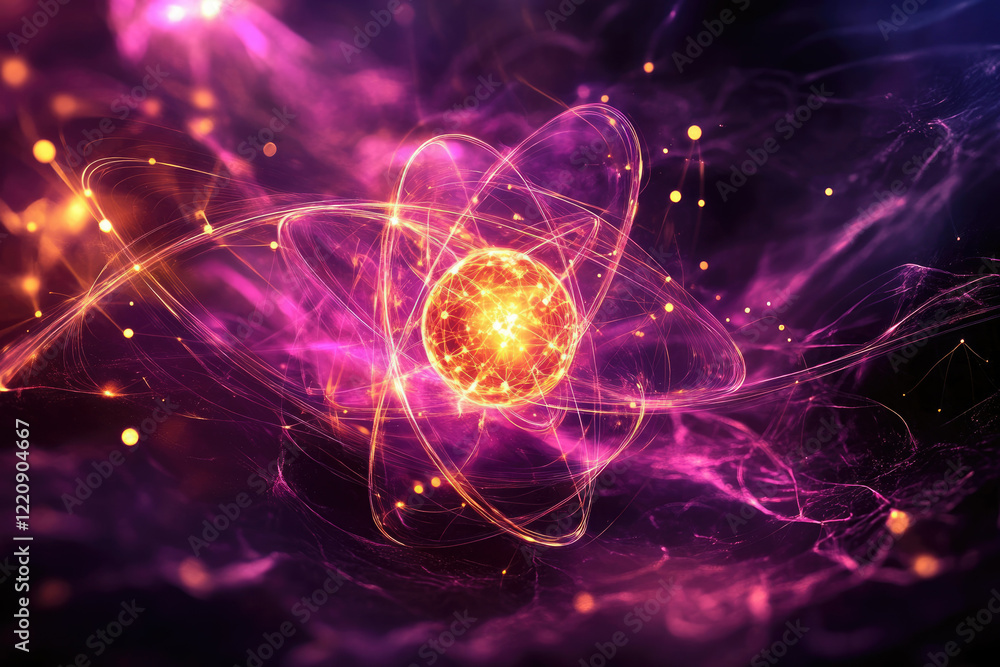 Aufkleber abstract representation of an atom, glowing with vibrant energy and interconnected particles.