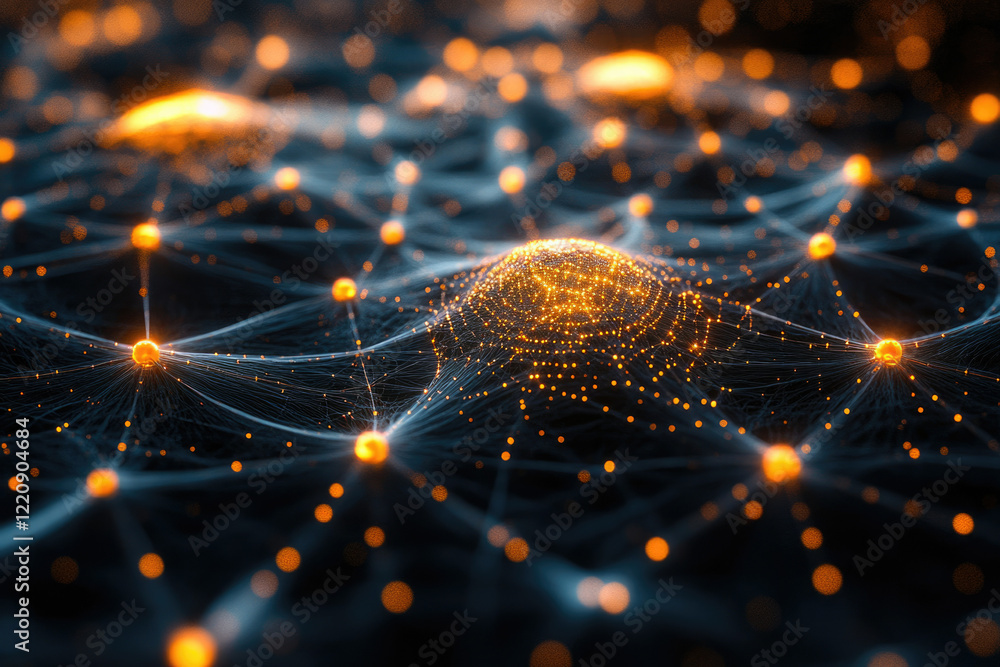 Poster Abstract glowing network, interconnected nodes forming a complex web, digital data visualization.