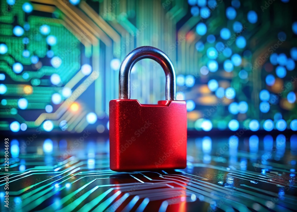 Aufkleber cyber security breach: red broken padlock with bokeh background - system hacked alert