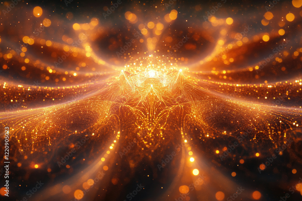Poster golden, glowing abstract fractal landscape with intricate details and bokeh effect.