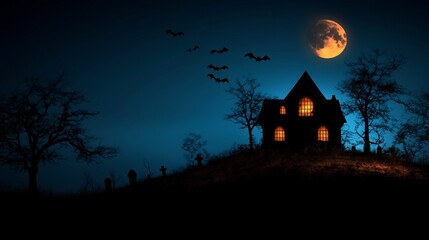 Haunted House on a Hill Under a Blood Moon