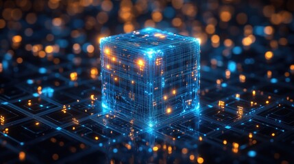 Abstract 3D composition of overlapping and floating cubes in various shades of blue,