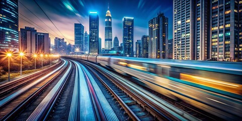 Fototapeta premium Night Train Ride Through Megacity: Speed and Motion Blur Urban Exploration Stock Photo