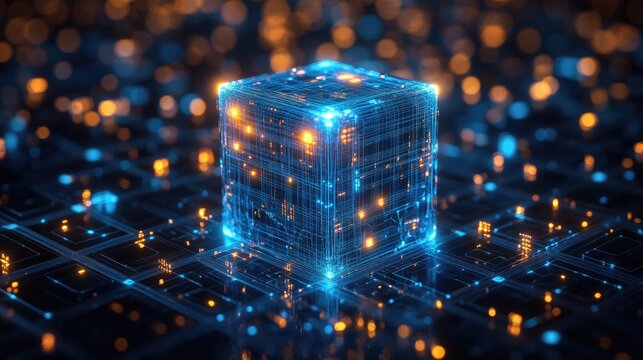 Abstract 3D composition of overlapping and floating cubes in various shades of blue,