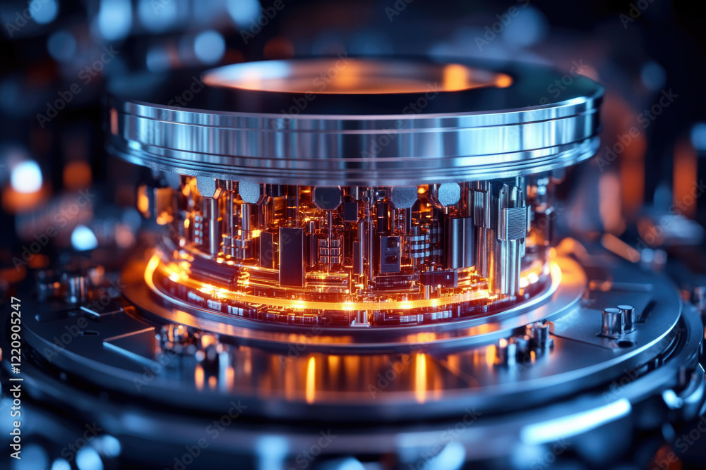 Poster intricate mechanism of a lens, glowing orange circuits within metallic housing, showcasing complex e