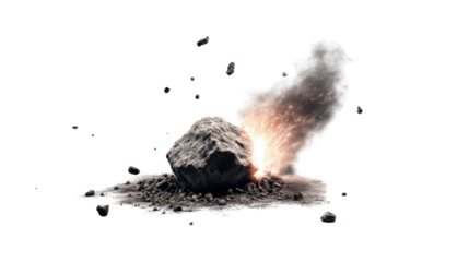A small meteorite impacting the ground with a flash of light and smoke rising from the crater, on a white background.
