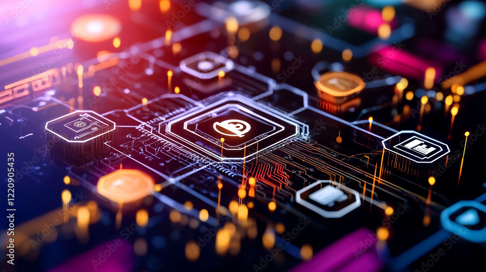 Poster vibrant circuit board with glowing nodes and connections abstract digital communication network