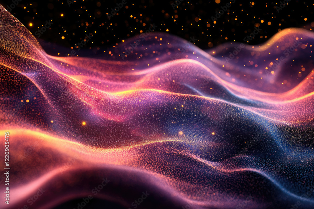 Aufkleber Abstract digital art depicting flowing, glowing particles in a dark, wave-like pattern.