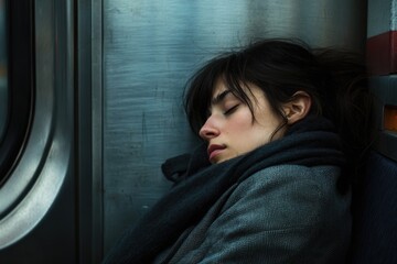 Obraz premium A young woman sleeps peacefully on a public transport, wrapped in a dark scarf, showcasing tranquility amidst urban commute.