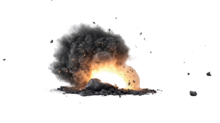 A small meteorite impacting the ground with a flash of light and smoke rising from the crater, on a white background.