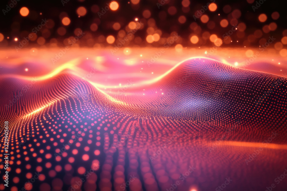 Poster Abstract red and orange digital wave pattern with bokeh background.  Glowing particle field.