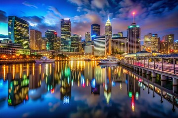 Fototapeta premium Darling Harbour Sydney Night 4K - Vibrant Cityscape Lights Reflection