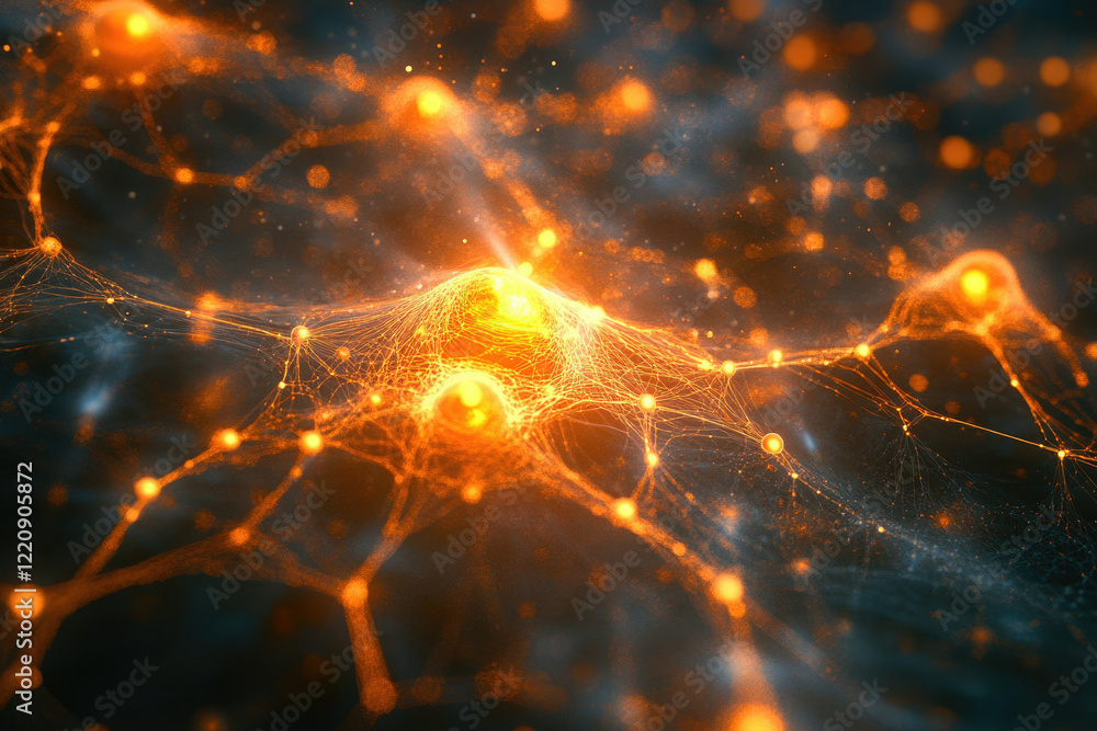 Poster Abstract depiction of a neural network, glowing orange nodes interconnected by a web-like structure.
