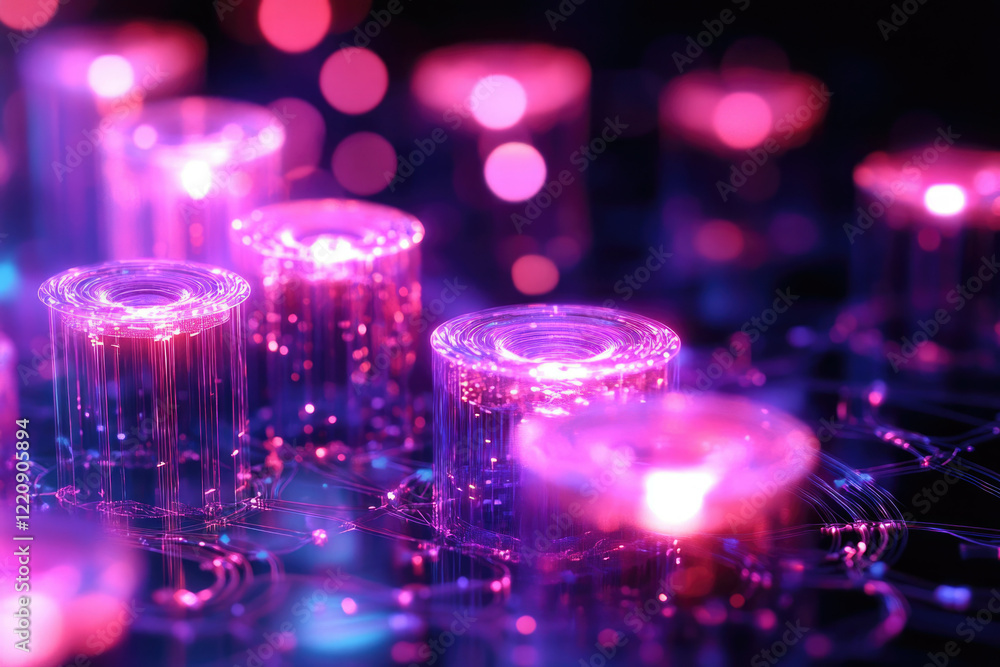 Poster glowing cylindrical structures interconnected by vibrant neon light trails, creating a futuristic, a