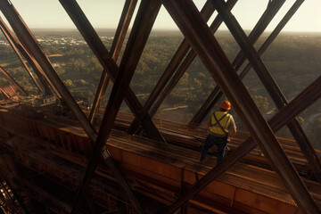 Naklejka premium Construction worker on a high bridge
