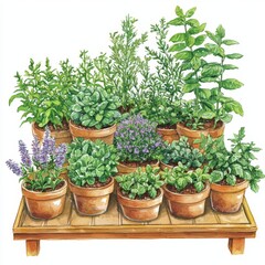Fototapeta premium Lush Collection of Potted Herbs and Plants on Wooden Shelf with Vibrant Green Foliage and Colorful Flowers