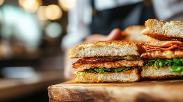 An elegant wooden board displays beautifully crafted toasted sandwiches filled with greens, meats, and pickles, ideal for a gourmet dining experience.