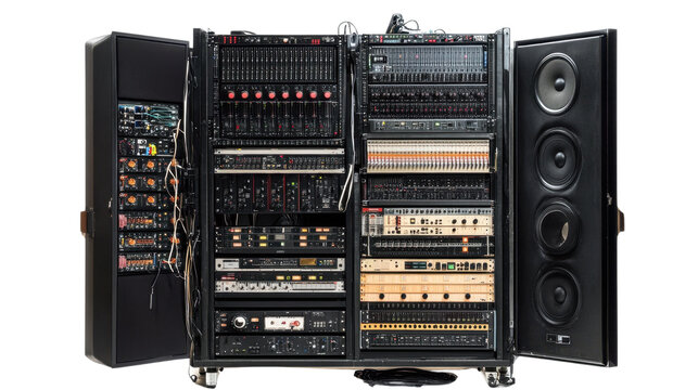 A sleek black audio mixing console in a digital studio setup featuring advanced sound equipment and networked technology
