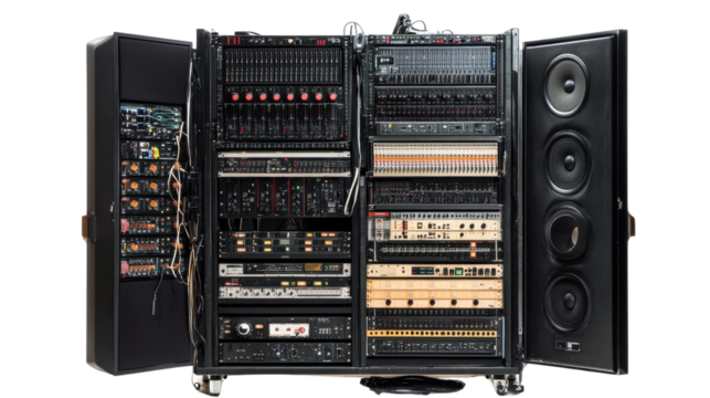 A sleek black audio mixing console in a digital studio setup featuring advanced sound equipment and networked technology