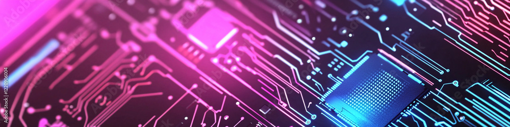 Poster colorful circuit board design with glowing patterns