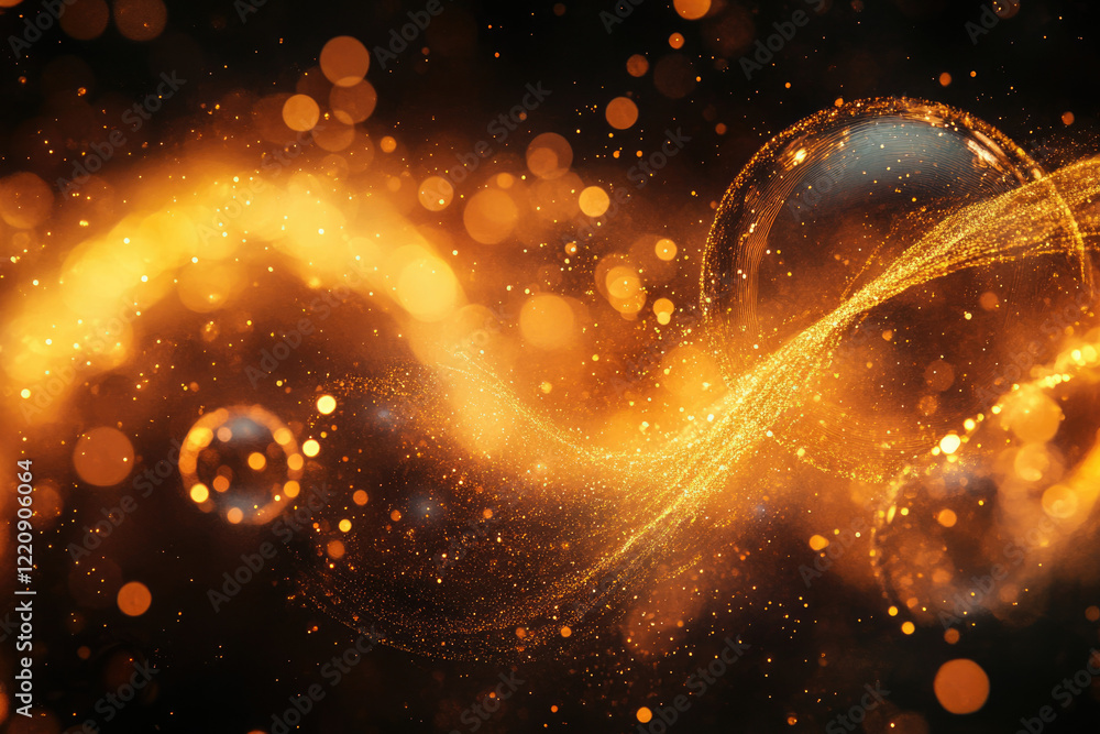 Poster Abstract golden glitter swirl with bokeh lights, creating a luxurious and festive background.