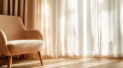 This image features a charming pink armchair positioned by sunlit curtains, creating a cozy and serene ambiance that invites relaxation and comfort in a harmonious setting.